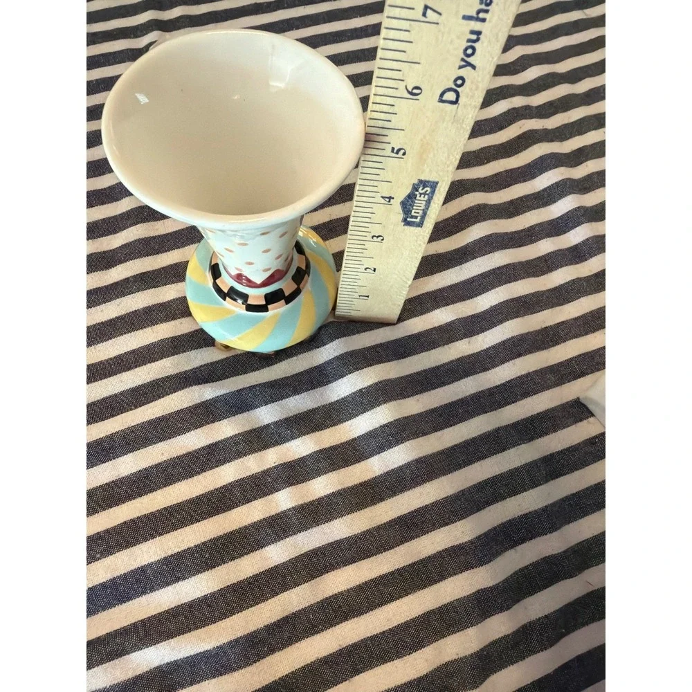whimsical Checkered Polka Dot Ceramic Bud Vase Gold Luster Trim‎ 6.5